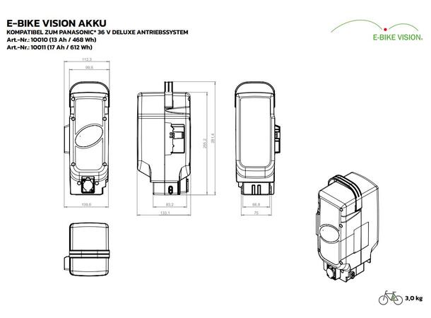E-Bike Vision Panasonic 612Wh Deluxe, 36V, Seterør, 17Ah, 3.0kg 