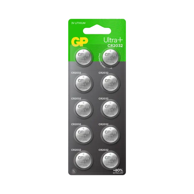 GP Ultra Plus 2032 Knappcell Batteri 3V 10 stk, ø20mmx3.2mm, Lithium 